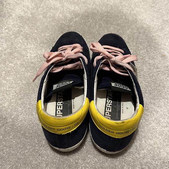 Golden Goose Superstars in Navy with Pink Laces and Yellow Heel - Picture 2 of 5